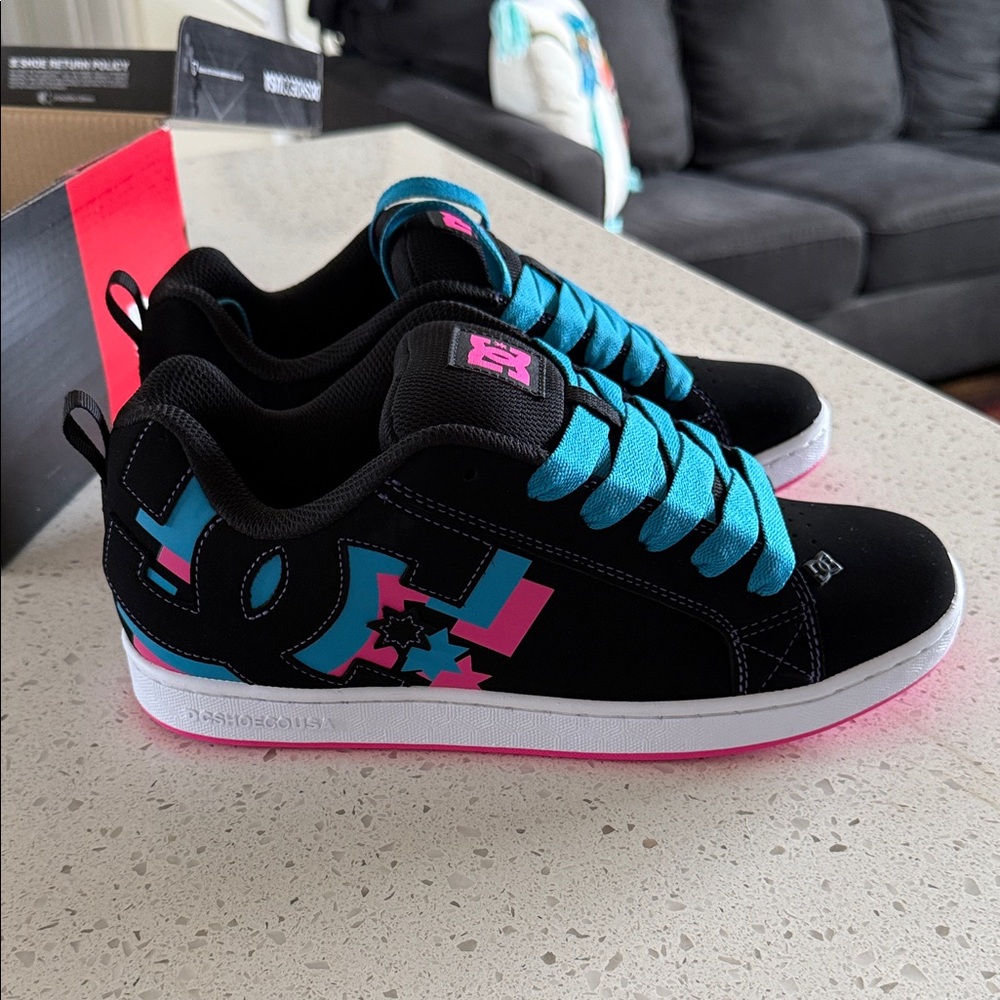 DC Black and Blue Sneakers with Pink Accents - Picture 4 of 5